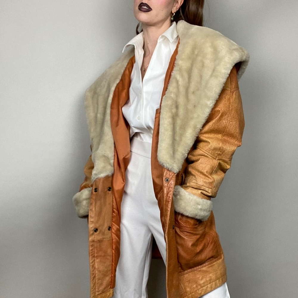 Wilsons Leather Tan Brown Shearling-Trim Leather Coat